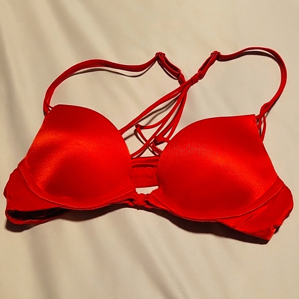 Victoria's Secret Red Satin Criss-cross Back Push Up 32A Bra